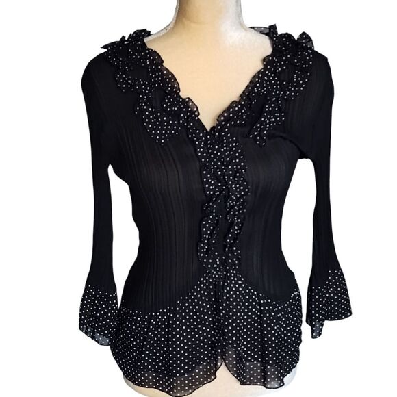 NY Collection Button Front Frill Sleeve Accordion Pleated Ruffle V-neck Top Med - Picture 3 of 3